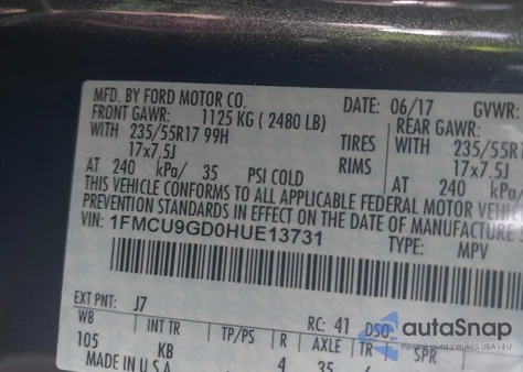 2017 Ford Escape Se z USA, uszkodzony, nr VIN 1FMCU9GD0HUE13731